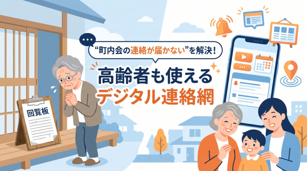 届かない回覧板に困る高齢者とスマートフォンで町内会連絡を受け取る家族のイラスト（「町内会の連絡が届かない」を解決！高齢者も使えるデジタル連絡網）
